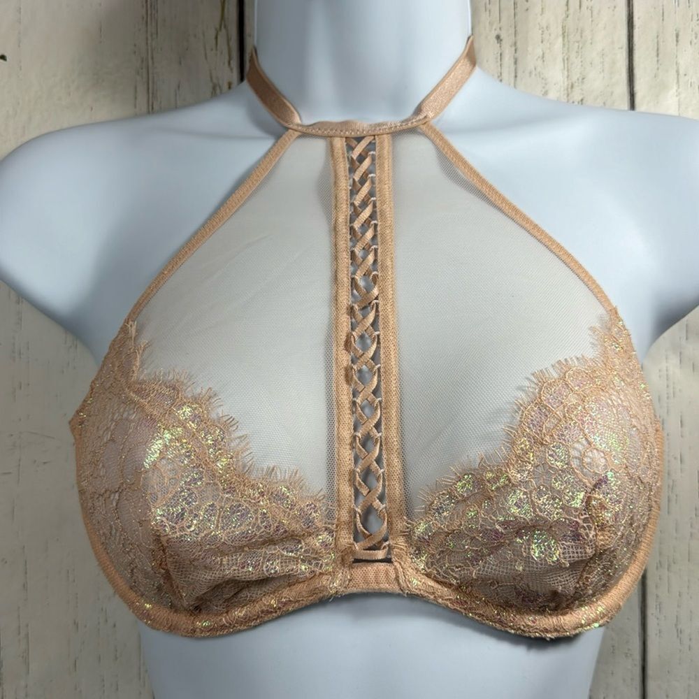Victorias Secret High Neck Sheer Underwire Lace Tan Iridescent Bralette Bra
